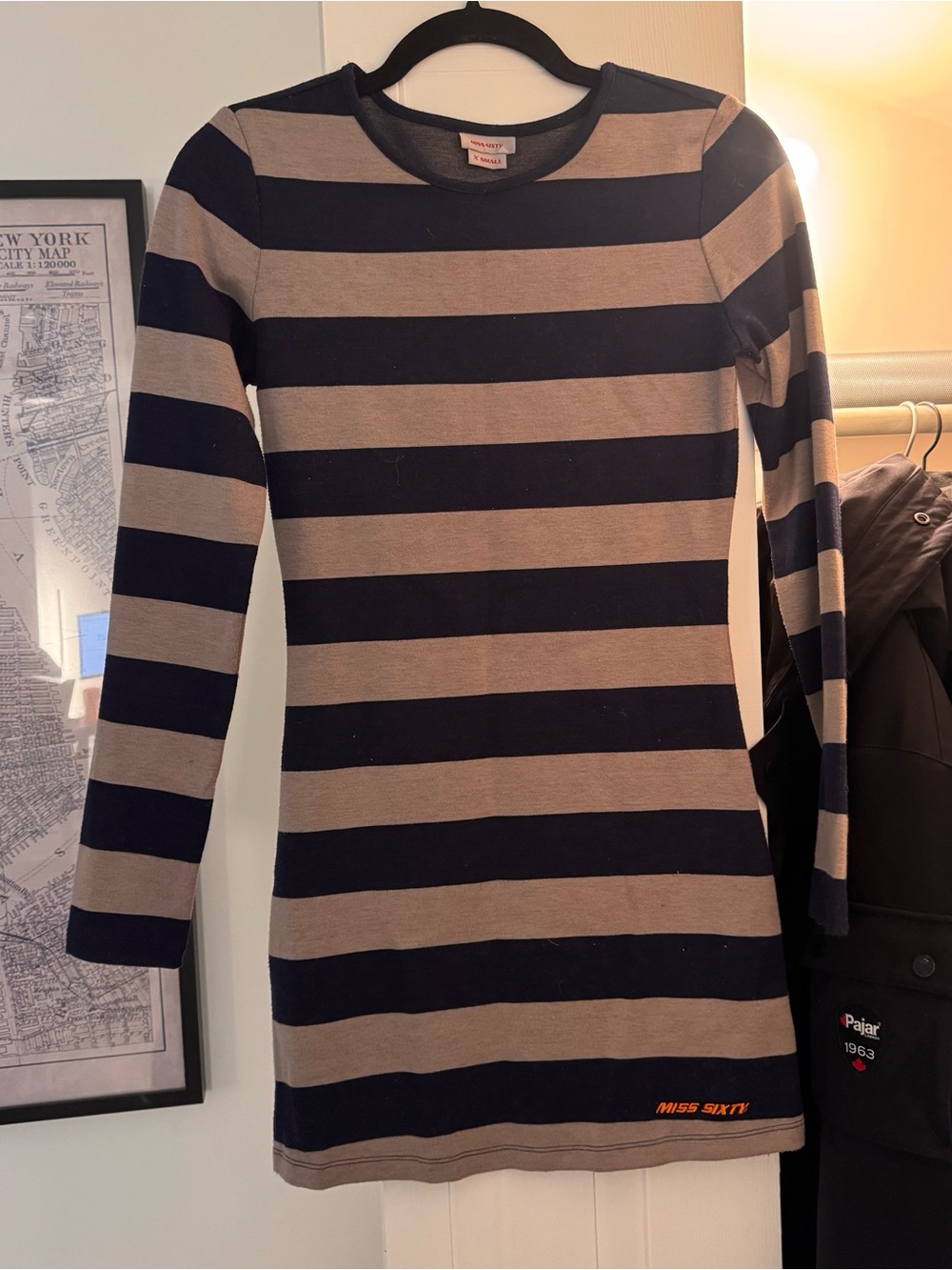Miss Sixty Navy and Taupe Striped Long-Sleeve Knit Dress